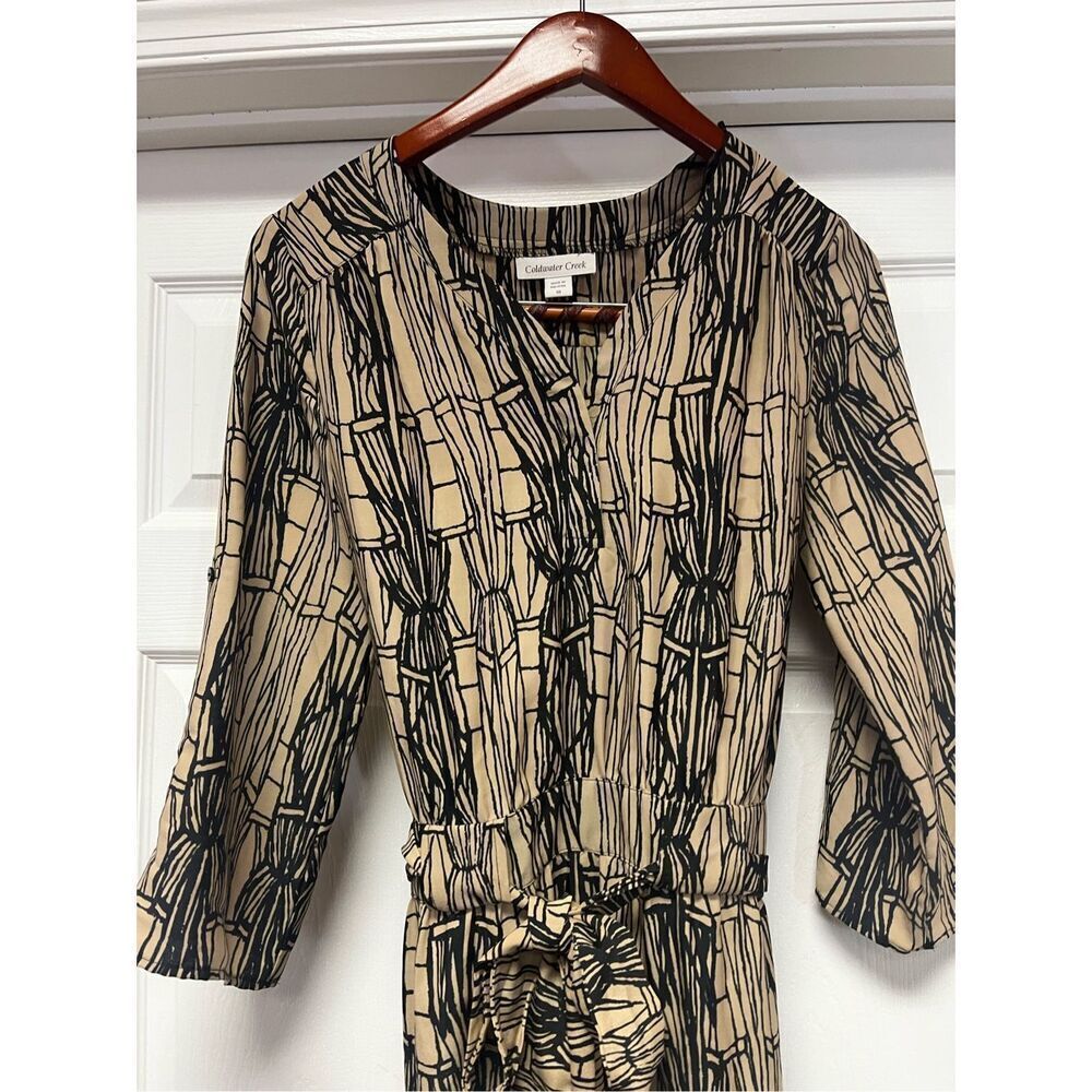 Coldwater Creek Tan & Black Bamboo Tie Belted Shirt Dress sz 10 EUC